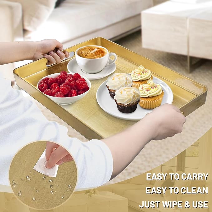 MAONAME Gold Decorative Tray with Handles, Foil Serving Tray for Ottoman, Rectangular Coffee Trays for Living Room, Bathroom, 16.7" L x 11.8" W x 1.6" H