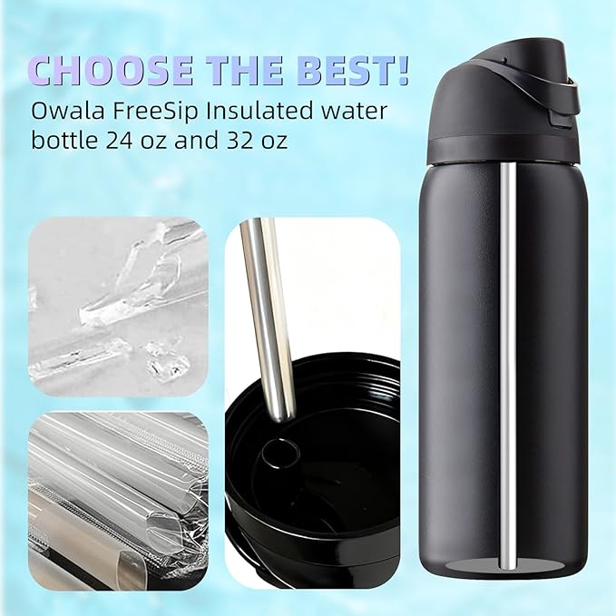 Replacement Straw Compatible With Owala Water Bottle 24 oz 32 oz, 6PCS Reusable Stainless Steel Straws for Owala Water Bottle，Metal Straws with 1 Cleaner Brush