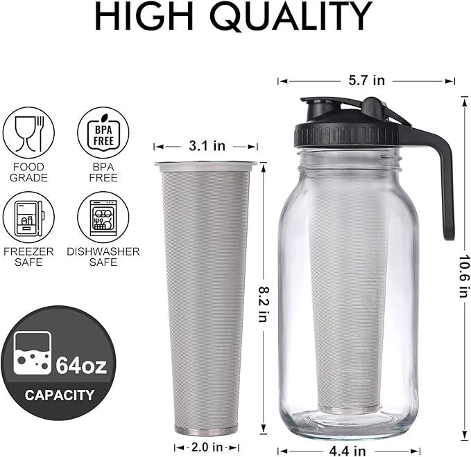 Cold Brew Mason Jar iced Coffee Maker, Durable Glass, - 64 oz (2 Quart / 1.9 Liter), With Handle& Stainless Steel Filter for Iced Brew Coffee, Lemonade, Ice Tea, Homemade Fruit Drinks Container
