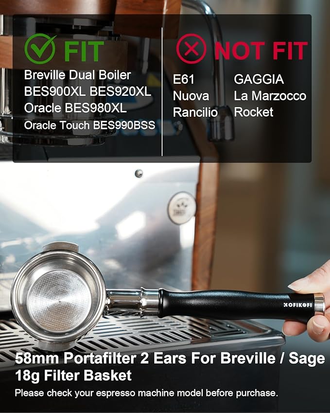 58mm Bottomless Portafilter For Breville, 2 Ears Slim Naked Portafilter Fits Breville Espresso Machines BES900XL, BES920XL, BES980XL, BES990BSS with Aluminum Handle, 18g Double Shot Filter Basket