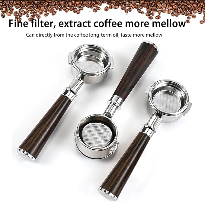 58mm Bottomless Nakeds Portafilter with Premium Ebony Wood Handle - Stainless Steel, Includes 18g Precision Basket for E61 Group-Head Espresso Machines