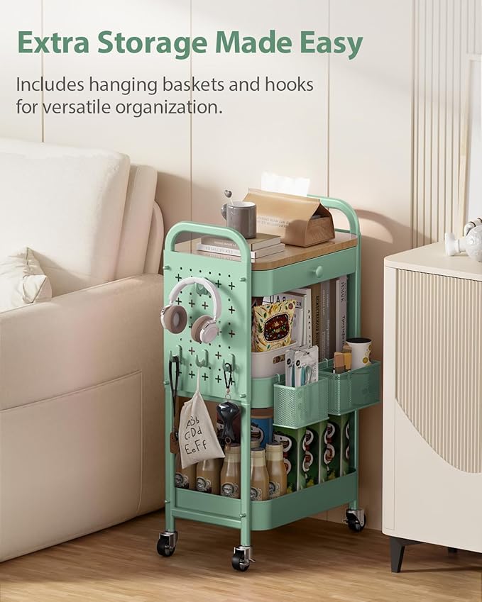 ALVOROG Rolling Cart with Drawer and Wood Table Top, 3 Tier Metal Rolling Utility Cart on Wheels with DIY Pegboards, Hanging Baskets, Hooks for Bedroom,Office,Craft Supplies