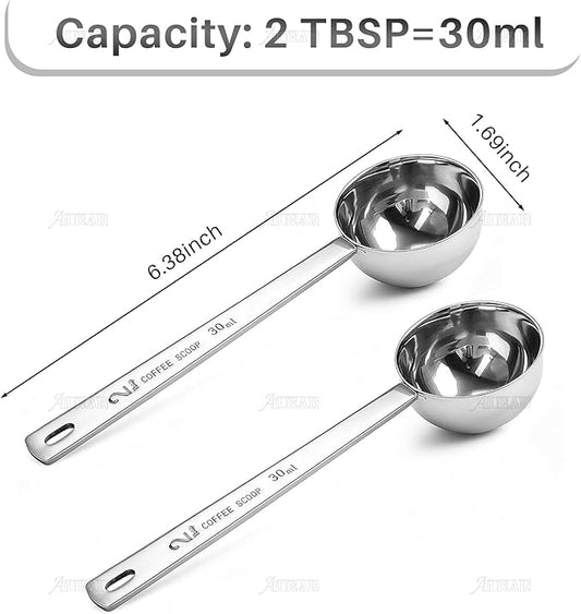 AUEAR, 2 Pack Coffee Measuring Scoop 304 Stainless Steel Spoon Tablespoon Spoons Kitchen Scoops with Long Handle for Home Milk Tea Sugar Powder Silver 30ml