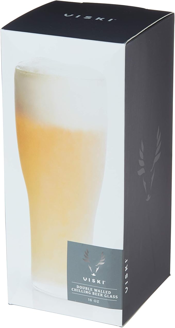 Viski Glacier Double Walled Beer Glass with Active Cooling Gel, Keeps Drinks Cold Longer for Indoor and Outdoor Parties, Home Bar, Birthday Gifts for Men, Beer Gifts for Dad, 16 oz, Set of 1