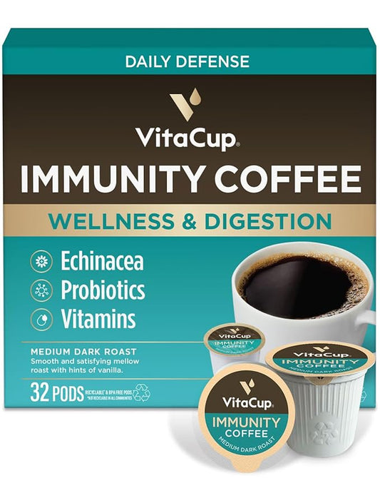 VitaCup Immunity Coffee Pods, Wellness Boost with Antioxidants, Echinacea, Probiotics, Vitamin C & D3, Medium Dark Roast, Single Serve Pod Compatible with Keurig K-Cup Brewers,32 Ct