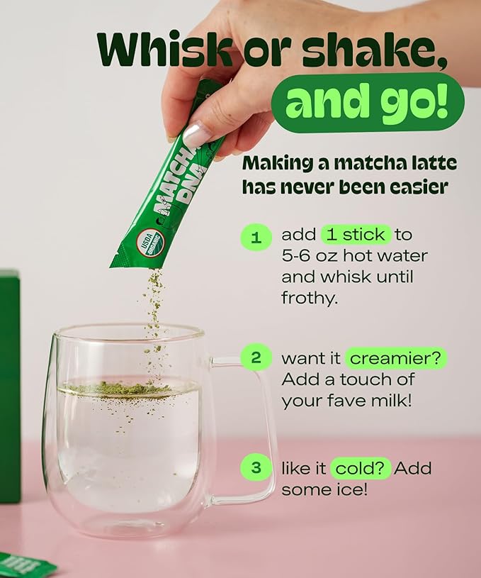 MatchaDNA Organic Matcha Powder Sticks x15 Pack (1.5g Each) – Instant Organic Matcha – Macha Green Tea Blend Unsweetened – Macha Powder Tea for Lattes, Drinks, Smoothies, Recipes, Healthy Beverage