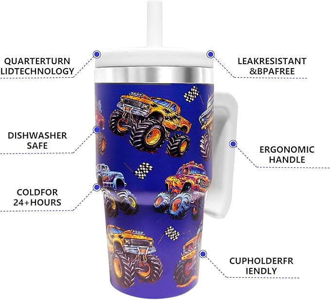 20-OZ Insulated Water Bottle,Insulated Stainless Steel Tumbler,Reusable Cold Drink Thermos,BPA-Free, Double-Wall Stainless Steel Water Bottle (Dark blue-Monster truck, 20, Fluid Ounces)