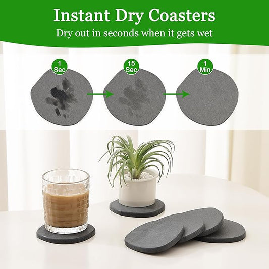 Diatomaceous Earth Coasters Set of 2 for Drinks, Moisture Water Absorbent Stone Coasters for Table Desk at Work, Water Absorbing Instant Drying Diatomite, Modern Deep Grey