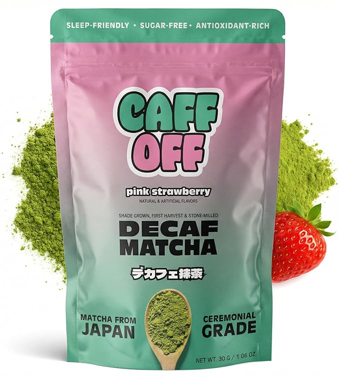 Caff Off Decaf Strawberry Matcha Green Tea Powder From Japan – 1.06 oz / 30 g – Ceremonial Grade & Sugar-Free – No Fillers or Milk Powders – Naturally Decaffeinated Without Chemicals – Tested for Heavy Metals – First Harvest, Shade-Grown & Caffeine-Fre...