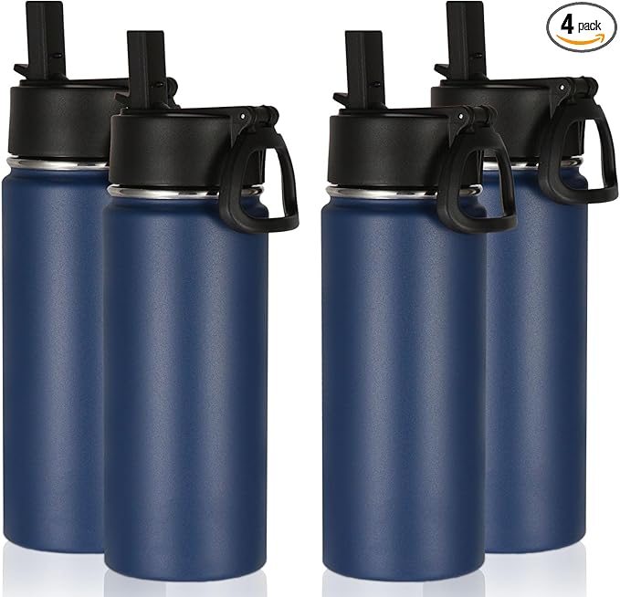 Volhoply 16 OZ Kids Water Bottle Bulk 4 Pack,Insulated Sports Bottles with Straw Lid,Stainless Steel Bottle with Handle Keep Cold & Hot,Double Wall Vacuum Tumbler Cups for School,Girls(Navy, 4)