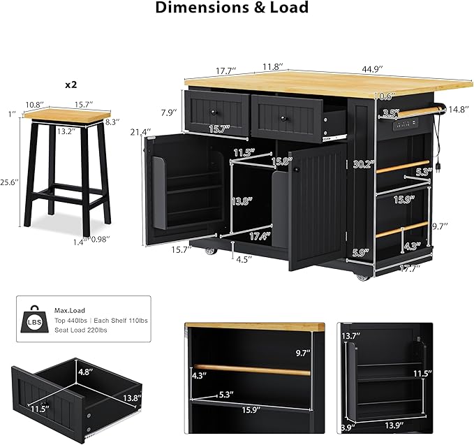 Rolling Kitchen Island with 2 Bar Stools, Drop Leaf & Power Outlet, Large Kitchen Islands Cart on Wheels, Movable Kitchen Island with 5 Open Shelves & Towel Rack for Kitchen, Dining Room, 48″, Black