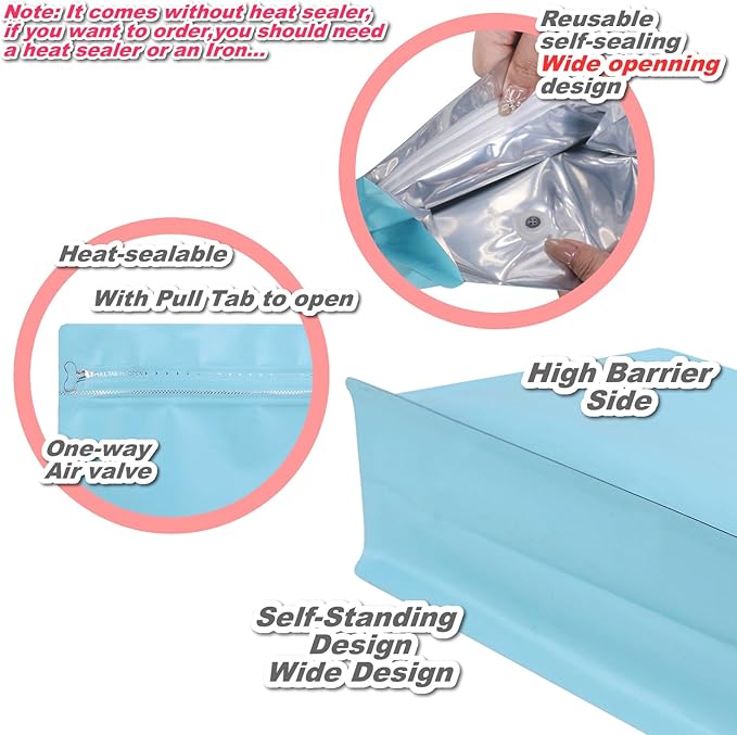 60 Pack High Barrier Stand-Up Coffee Bean Bags with Vented Valve Matte Metallic Heat-Sealable & Resealable Solid Color Pouches (Square,7.7 * 8 inch,1 lb,Daphne Blue)