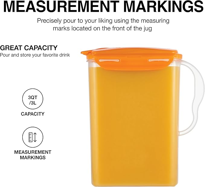LocknLock HAP607ORG Aqua Fridge Door Water Jug with Handle, BPA-Free Plastic Pitcher with Flip-Top Lid and Easy-Pour Spout for Water, Juice, Tea, and Other Drinks, 3-Quart, Orange