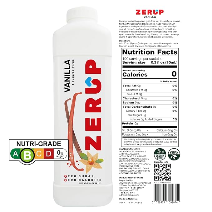 Zerup Zero Sugar Coffeehouse Pack of 4 (Cane Sugar, Cararmel, Hazelnut, Vanilla), Sugar-Free Coffee Barista Syrup, Zero Calories and Sugar, Keto Friendly, Ideal for Lattes, Cappuccinos, Espresso, Americano, Indulgent Taste 33.8 Oz (1L)