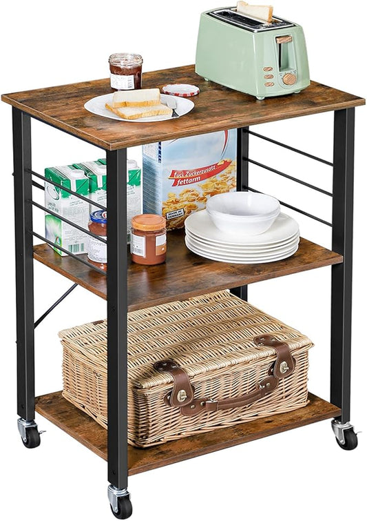 VASAGLE Kitchen Shelf on Wheels, 23.6 Inches Serving Cart with 3 Shelves, Kitchen Cart, Microwave Shelf, for Mini Oven, Toaster, with 6 Hooks, Industrial Style, Rustic Brown and Ink Black UKKS60XV1