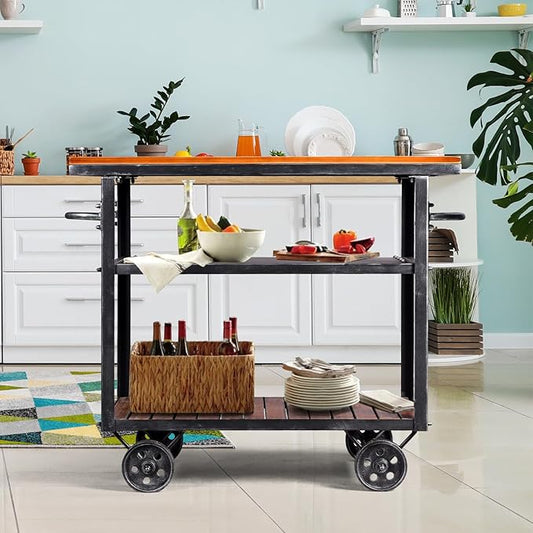 LOKKHAN Rolling Bar Cart with Handle [3 Tier] Home Kitchen Microwave Cart Island On Wheels, Mobile Serving Cart Beverage Cart, Coffee Station (Metal/Wood, Industrial Black/Rustic Brown)