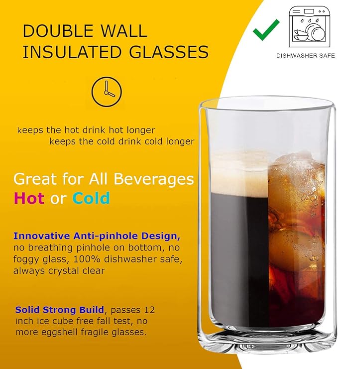 Sun's Tea 13oz Ultra Clear Strong Double Wall Thermal Insulated Highball Drinking Glasses for Beer, Coffee, Juice, Smoothie, Mojito, Soda, Milk and Mixed Beverages, Set of 2 (real glass, not-plastic)