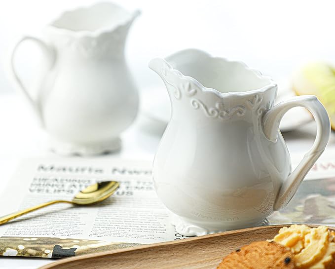 Vintage Pure White Ceramic Creamer with Handle, 6 Oz Coffee Milk Creamer Pitcher.