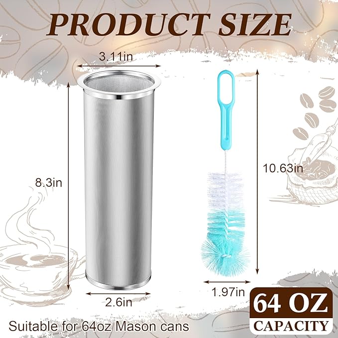 Acellegic Cold Brew Coffee Filter with Brush for 64 Oz/2 Quart Wide Mouth Mason Jar Infuser 304 Stainless Steel Filter Food Grade Strainer with Sealing Ring for Iced Drink Fruit Tea Coffee Maker