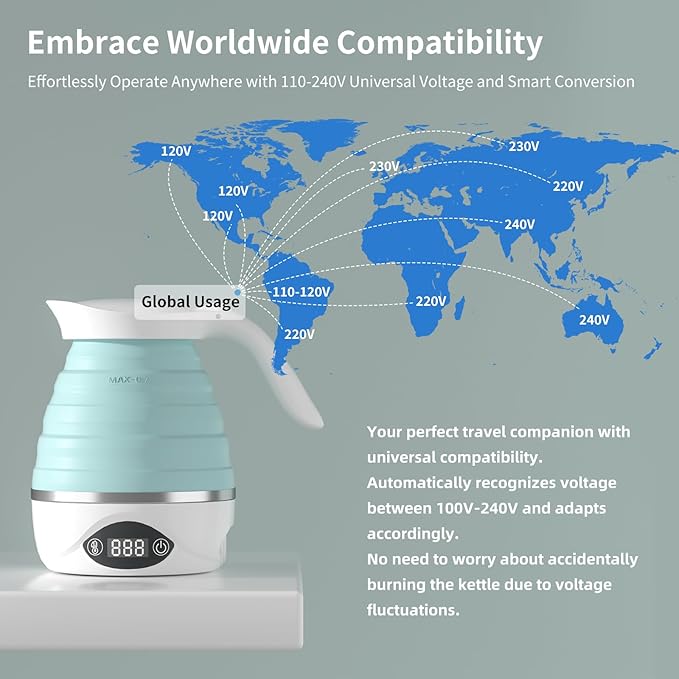 Collapsible Travel Kettle Electric Portable Foldable Kettle for Boiling Water, Suitable for 110V & 220V Dual Voltage, for Tea & Coffee, 850W Small Mini BPA-free Silicone White electric kettle