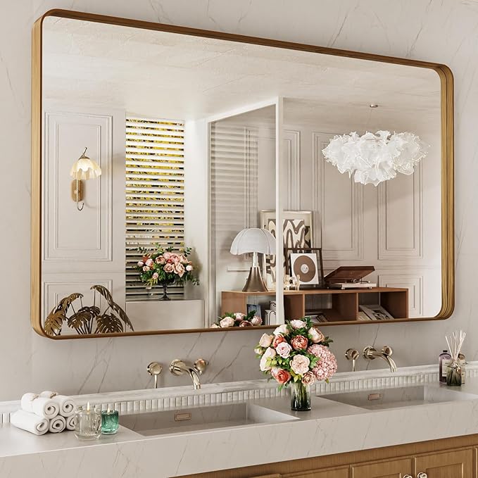 LOAAO 60X28 Inch Bathroom Mirror with Wood Grain Colored Metal Frame, Rounded Rectangle Metal Framed Bathroom Mirror, Anti-Rust, Hangs Horizontally or Vertically, Tempered Glass