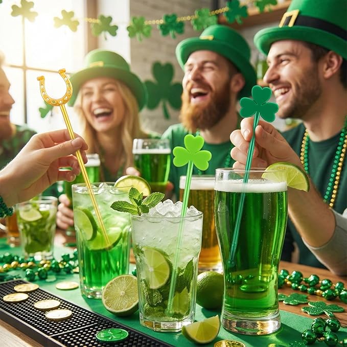 30 Pcs Saint Patrick's Day Drink Stirrers Irish Shamrock Stir Sticks Cocktail Drink 6" Plastic Swizzle Sticks Reusable Shamrock Stirrer for Coffee Beverage Party Bar Supplies (Stylish Style)