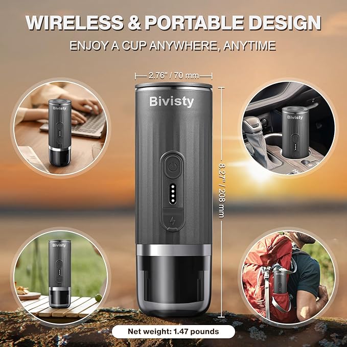 Portable Espresso Maker, Wireless Self-heating, Travel Coffee Maker, 80ml Water Tank, Ground Coffee Compatible with Nespresso & Dolce Gusto for Travel, Camping, Hiking, Office (Grey)