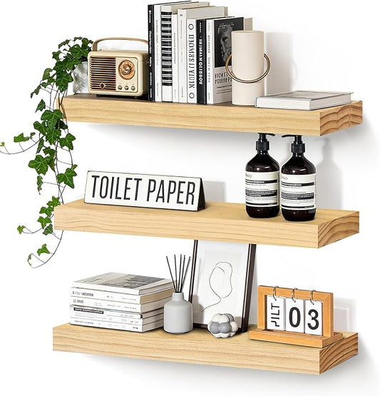 Floating Wall Shelves 24x6.8x1.7 Inch – Solid Wood Rustic Shelves in Natural Wood Finish – Wall Mounted Display Shelf for Bathroom, Kitchen, Bedroom – Set of 3