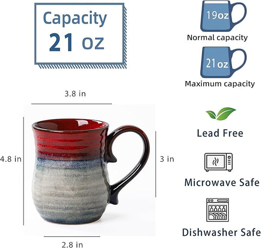 21 oz Large Ceramic Coffee Mugs, Handmade Cup with Large Handle, Big Tea and Coffee Cups for Office and Home, Microwave and Dishwasher Safe (Ink Red)