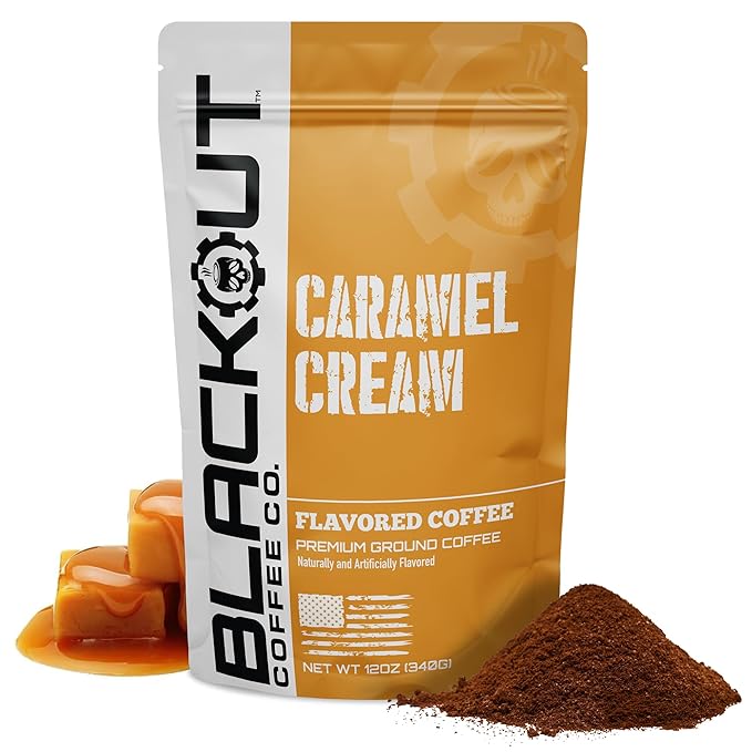 Blackout Coffee Caramel Cream Flavored Ground Coffee – Medium Roast, Smooth Taste, Guilt-Free Indulgence – Freshly Roasted 12oz Bag.