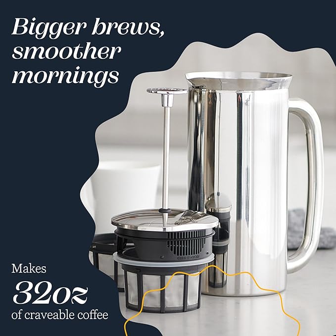 ESPRO P7 French Press Stainless Steel 304 – Patented Double Walled Micro-Filter Insulated French Press Coffee Maker, Grit-Free Brew - Heat Resistant Plastic Free Coffee Maker, Polished (32oz)