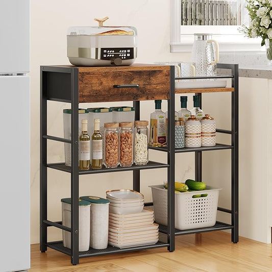 HOOBRO Coffee Bar Cabinet, Farmhouse Coffee Stand Station, 6 Tiers Kitchen Station Table with Drawer, Kitchen Bar Table for Small Space, Buffet Sideboard Cabinet with Storage, Rustic Brown BF77KF01
