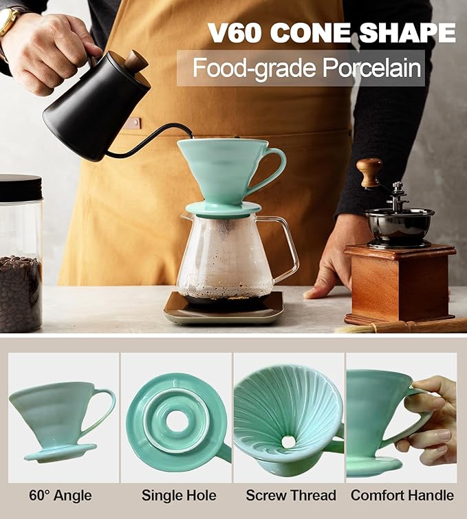 Pour Over Coffee Dripper - Ceramic Cup, Pour Over Coffee Maker Cone, Porcelain Cone, Easy Manual Brew Maker - Strong Flavor Brewer for Home, Cafe, Office - 1-4Cup, V60 Size 02 (Lake Green)