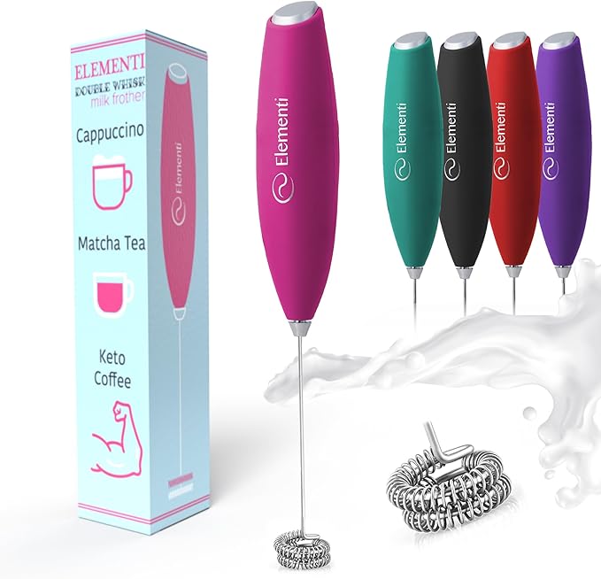 Elementi Pink Milk Frother Handheld - Coffee Frother Electric Stirrer, Matcha Whisk & Drink Mixer Handheld - Frothing Wand - Electric Whisk For Coffee (Hot Pink)
