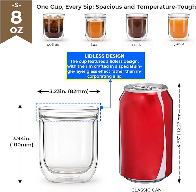 Aquach Double Wall Glass Espresso Coffee Cup 8 oz. 2pcs, Clear Drinking Glasses Insulated, Single Wall Mouth/Double Wall Body