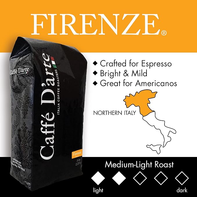 Caffe D'arte Firenze Whole Bean Espresso Coffee – Medium Light Roast, Bright & Mild Flavor, Sweet & Smooth Aroma – Crafted for Espresso & Americanos - 5 Pounds