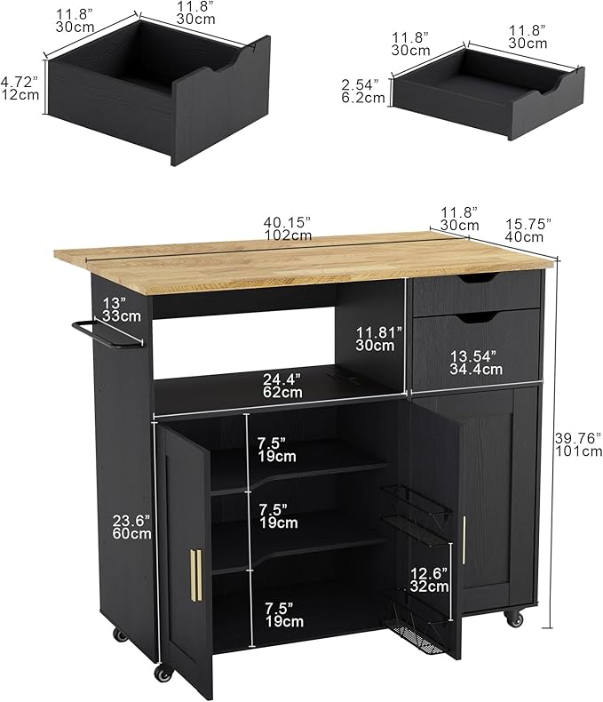 Rolling Mobile Kitchen Island Cart with Desktop Drop Leaf Countertop, Island Table Storage with 5 Wheels, Rolling Kitchen Cabinet with Power Socket (Black, Model 2)