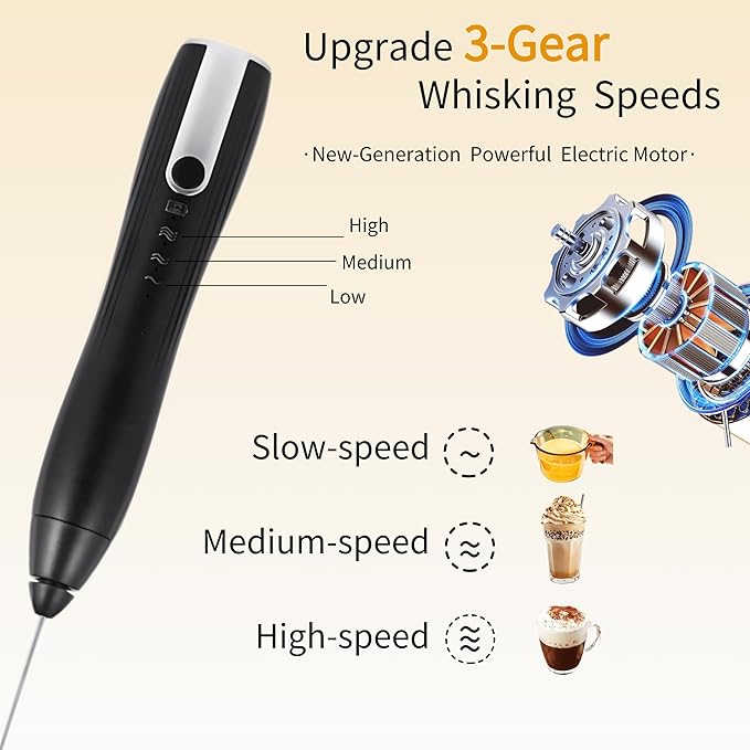Rechargeable Milk Frother Handheld,Kitchen Essentials Hand Mixer with 3 Stainless Whisks Heads,Electric Whisk Frother for Latte, Cappuccino,Matcha, Egg, Milk Powder,with Stand (black)