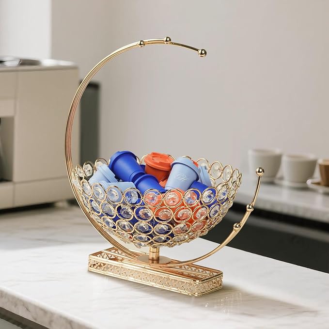 Metal & Crystal Coffee Pod Holder & Candy Basket - Elegant Multipurpose Storage Organizer for K Cups, Espresso Pods, Treats - Kitchen, Office, Home Bar (Gold, 2 PCS)