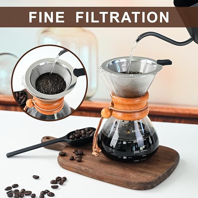 Pour Over Coffee Maker with Stainless Steel Filter, Pour Over Coffee,Pour Over Coffee Dripper, 13.5 OZ, Drip Coffee Maker, High Heat Resistant Carafe, also for Camping, Hiking