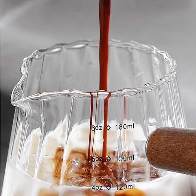 6oz Glass Espresso Cups with Spout, Espresso Accessories, Espresso Shot Glass with V-Shaped Mouth, Ribbed Milk Frothing Pitcher (Clear)