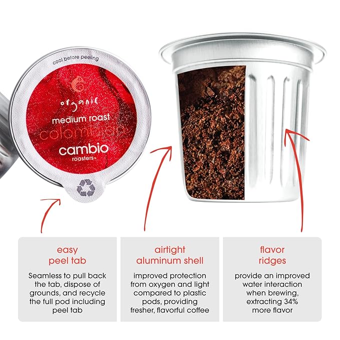 Cambio Roasters Organic Coffee Pods - Colombian Medium Roast, The Only Organic Recyclable Aluminum Coffee Pods, Small Batch Roasted, Keurig Compatible, Bold Flavor & Longer Lasting Freshness, 10 Count