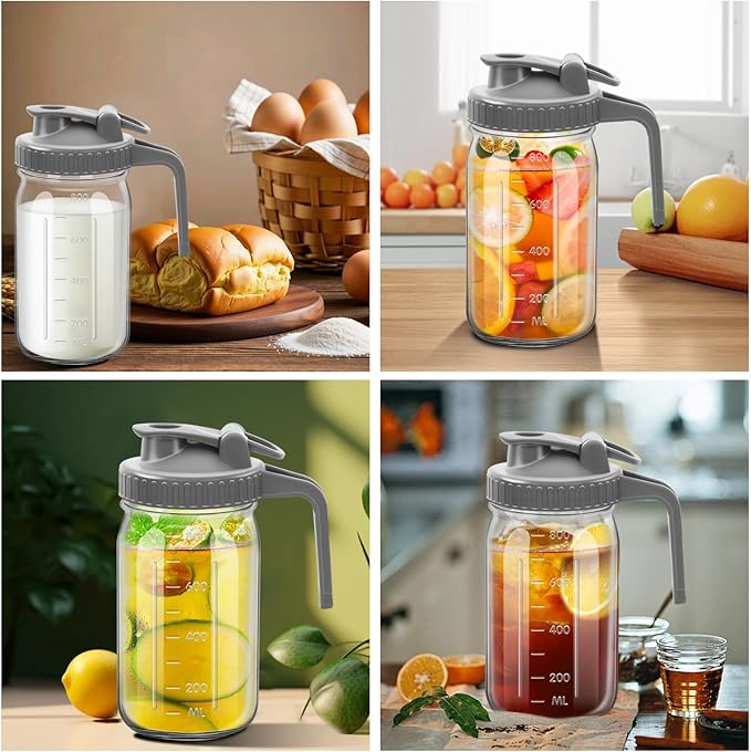 1Pc Wide Mason Jar Pitcher,32oz Glass Pitcher with Lid Double Leak-proof with Handle Water Jug Wide Mouth Breast Milk Fridge Container for Water, Juice (32oz Grey)