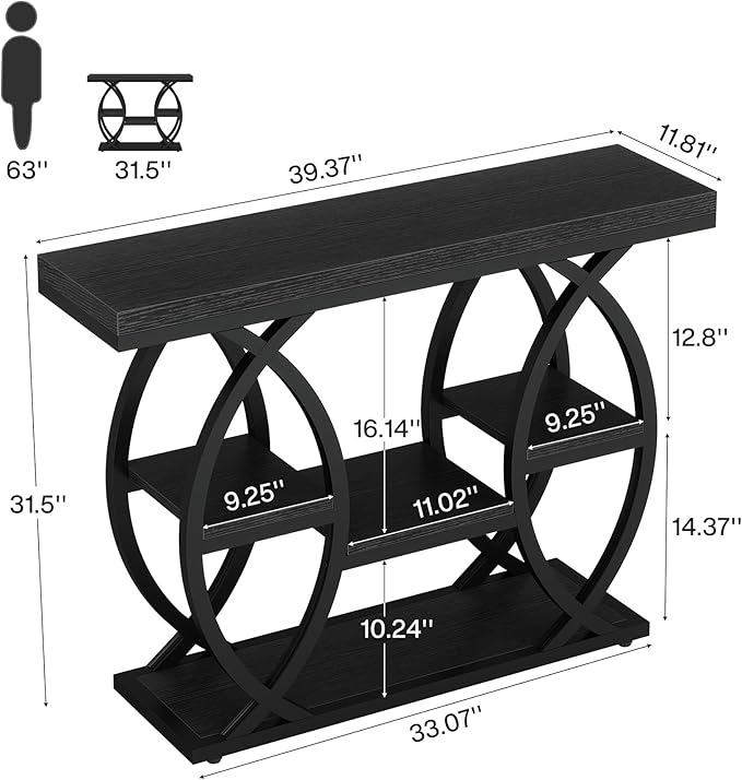 Tribesigns 39.4" Console Table, Industrial 4-Tier Sofa Table Entryway Table with Storage Shelves, Narrow Wood Accent Tables with Metal Frame for Small Spaces, Hallway, Foyer, Black