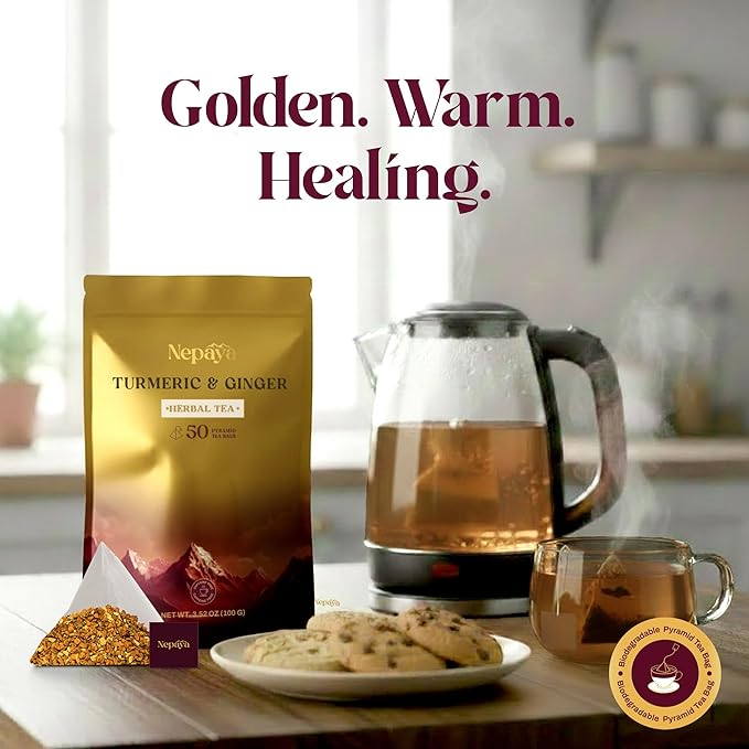 Turmeric Ginger Herbal Tea 50 Count Pyramid Tea Bags From the Himalayas, Caffeine Free, Gluten Free, warm and spicy Taste, biodegradable Tea Bags