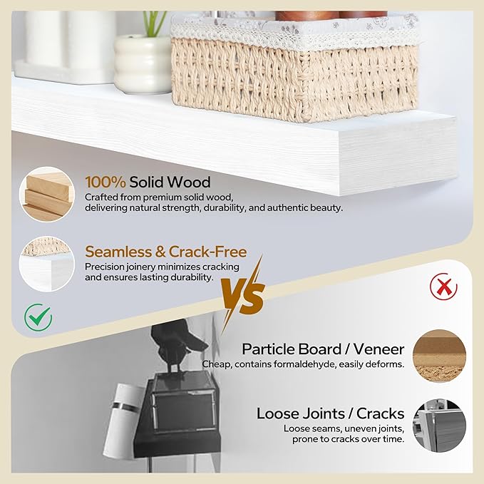 Floating Shelves 3 inch Thick for Wall Set of 2,Solid Pine Wood Wall Mount Shelf for Kitchen Living Room Bedroom Bathroom,8" D x 24" L x 3" H-White