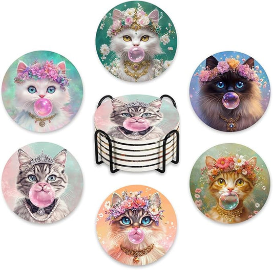 Puraikcmi Cat Lover Coasters Set of 6 with Holder, Ceramic, Multicolor, Funny Cat Designs, Drink Coasters for Table, Office, Desk, Bar, Gift