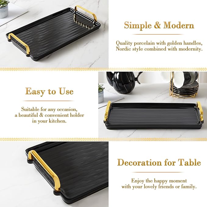 DUJUST Porcelain Serving Tray with Golden Handles, Modern Nordic Style Coffee Table Tray, Beautiful Tea Trays Decor for Living Room, Easy to Use & Clean - Black