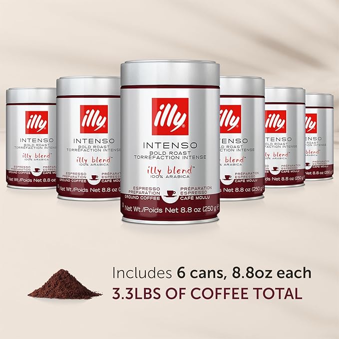 illy Ground Espresso Coffee, Intenso Dark Roast, 100% Arabica, Premium Italian Coffee, Pre-Ground for Espresso Machines, 8.8oz, 6 Pack