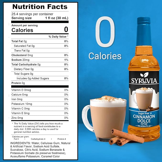Syruvia Sugar Free Coffee Syrup, Cinnamon Dolce Flavored Syrup for Drinks, Lattes, and Desserts – 25.4 fl oz, With Pump